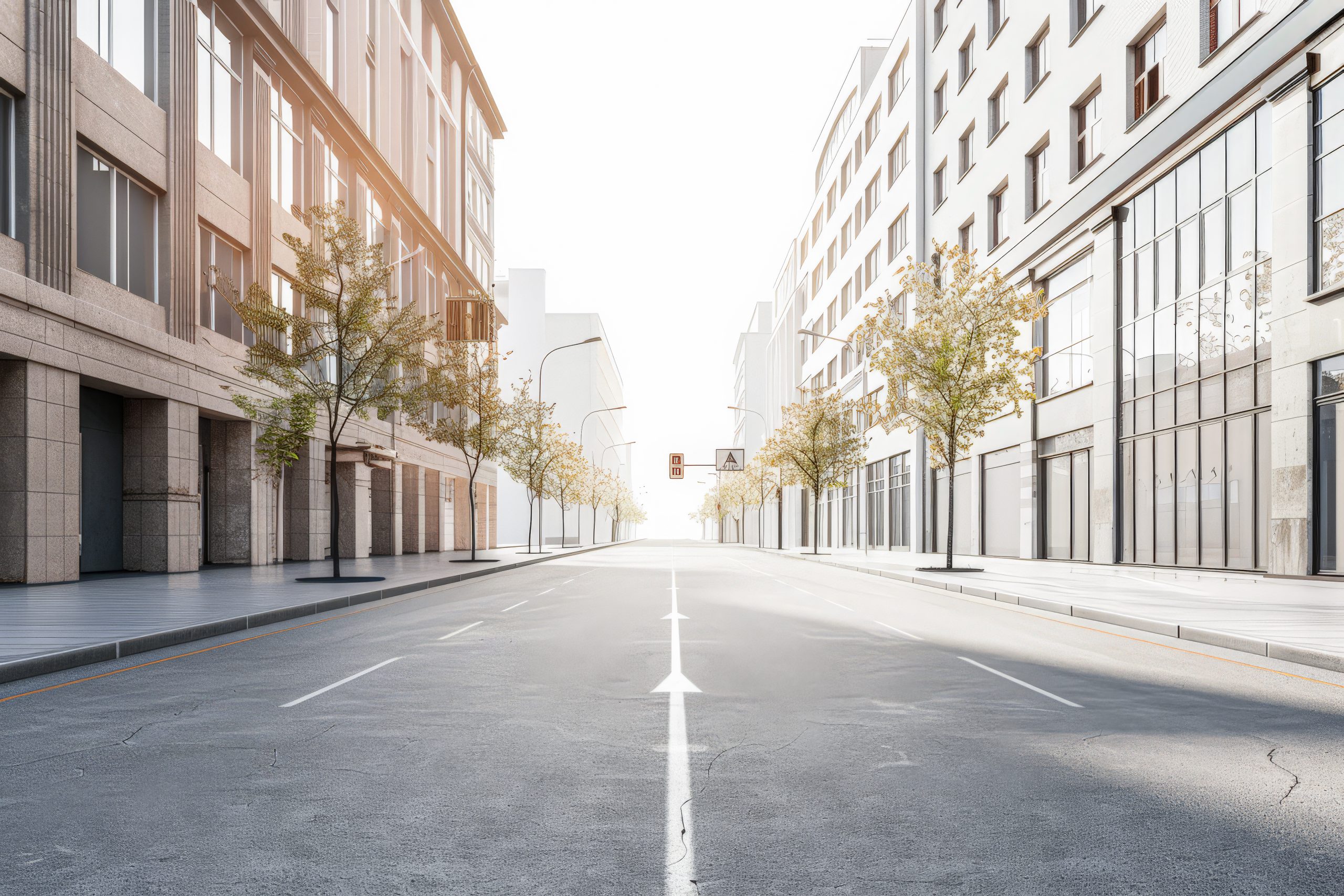 Empty street with modern architecture and natural sun lighting. Urban scenes.