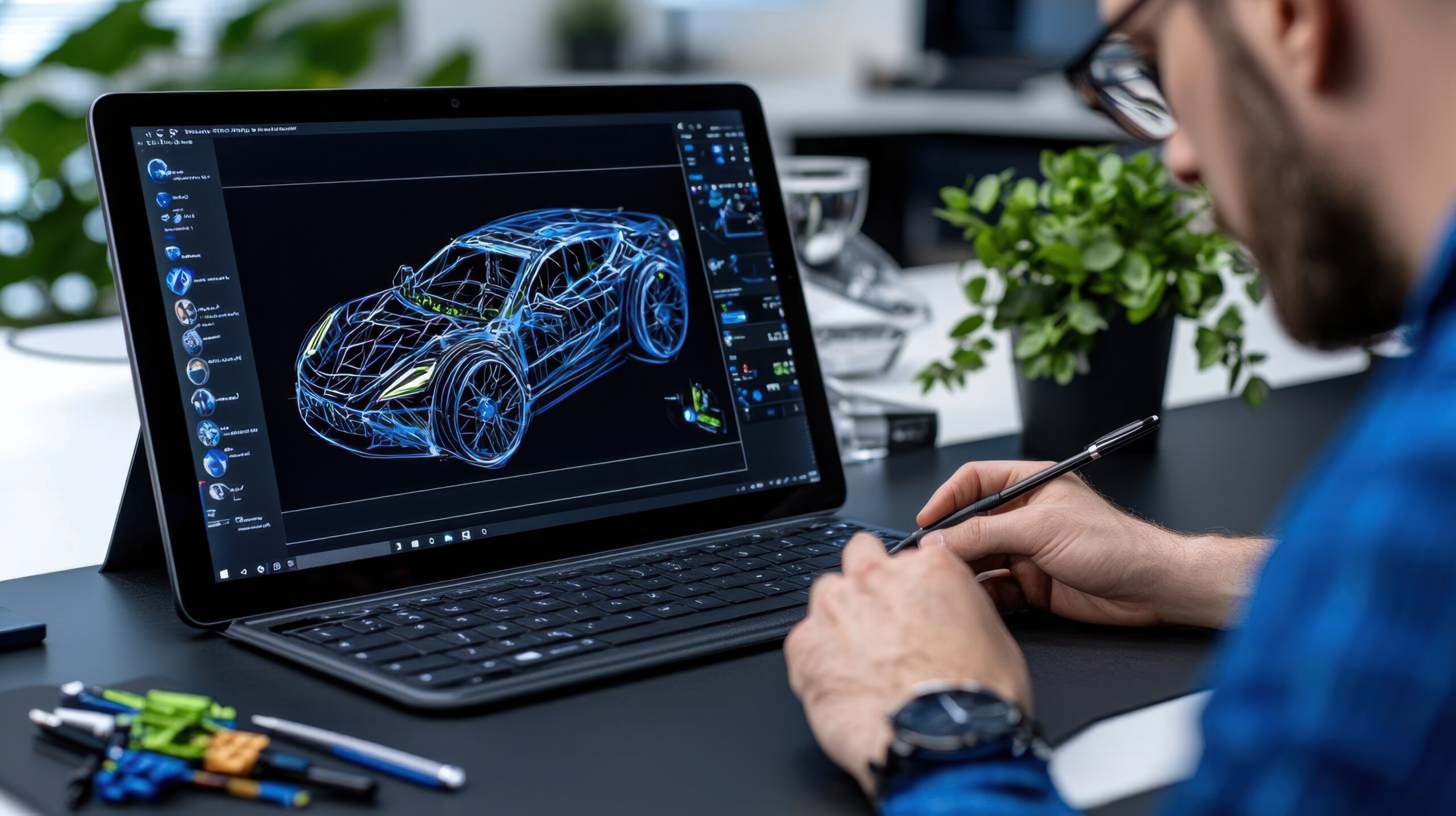 A person sketching a new product design concept on a digital tablet with a stylus